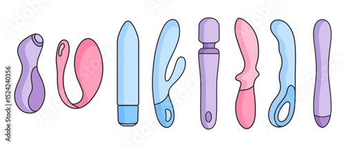 a set of types of vibrator, rabbit, penguin, adult sex toy, accessories for sex games, linear black and pink, blue, violet purple icons, doodle and sketch style, hand drawing