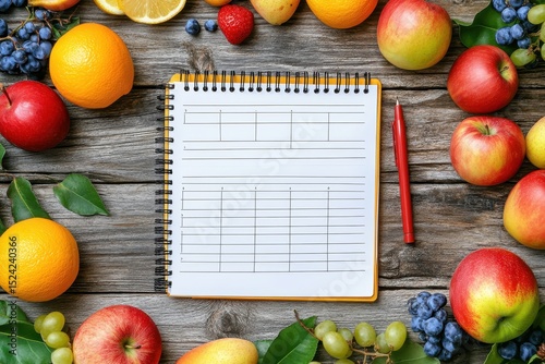 Fresh Fruit Arrangement with Blank Notepad on Rustic Wooden Table