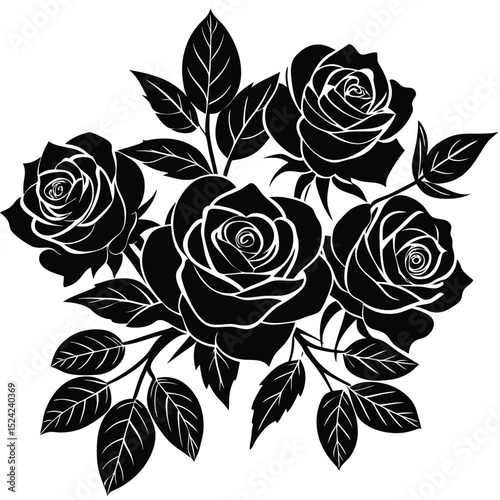Black rose vector illustration with leaves and stems for design element and decoration background 
