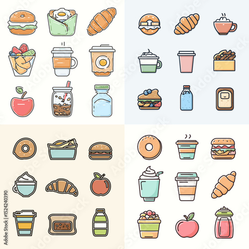 Hand-drawn pastel icons of breakfast and snack items including coffee, croissants, burgers, apples, and juice. Ideal for food blogs, cafes, and menu design.

