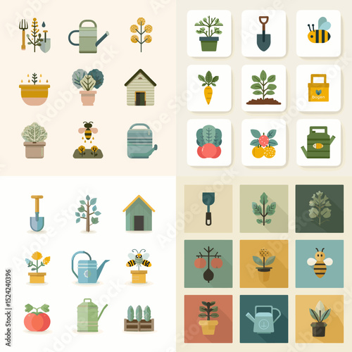 Flat gardening icon set featuring tools, plants, watering cans, and garden beds. Perfect for eco-friendly projects, home gardening, and agricultural visuals.


