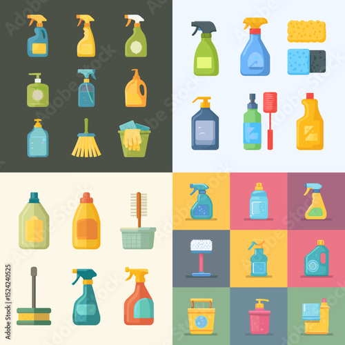 Collection of colorful flat cleaning supplies and equipment such as spray bottles, sponges, mops, and detergent. Ideal for hygiene, housework, or janitorial design.

