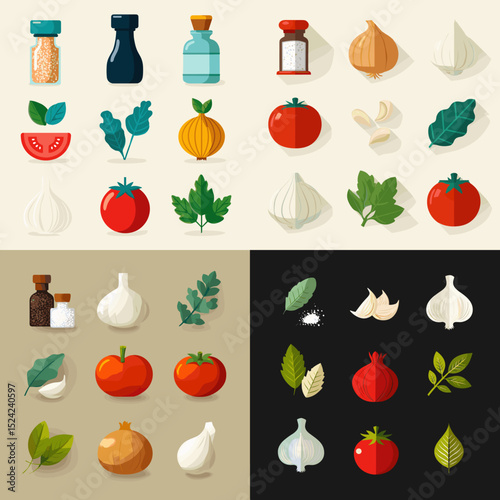 Fresh food and spice icon set with garlic, tomato, herbs, and seasoning jars in a colorful flat design for culinary, recipe, and kitchen projects.

