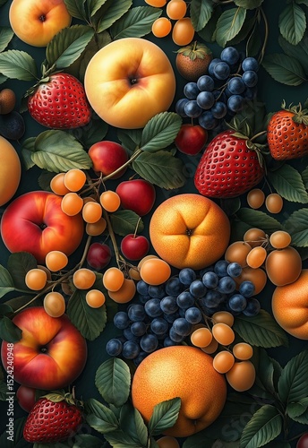 Colorful background of fruits, berries and flowers.