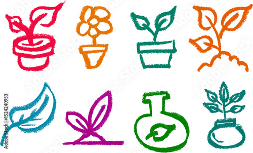 Home Plant Icons Crayon Chalk Drawing Vector Set