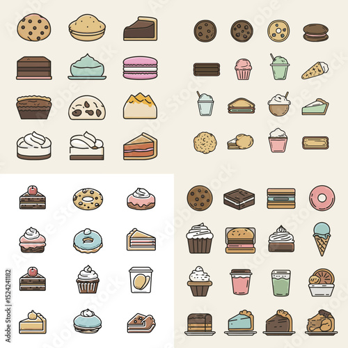 Cute and colorful dessert icon collection featuring cakes, cupcakes, donuts, cookies, and ice cream. Great for bakery branding, menu, and sweet treat content.

