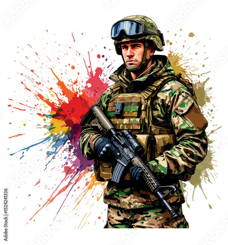 Soldier Man clipart with gun.Special Operations Forces Military.Male profile portrait drawing in camouflage army uniform wearing helmet,tactical glasses.Splashes drops of paint.Canvas wall art.eps