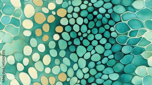 Rounded organic teal and gold shapes in abstract cellular composition