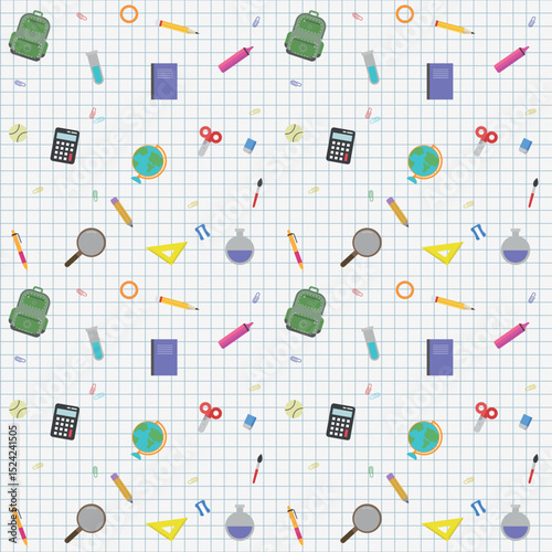 Seamless school-themed pattern with supplies on a grid paper background. Includes pencils, rulers, scissors, calculator, paint, globe, and more. Perfect for kids, education, and stationery design.