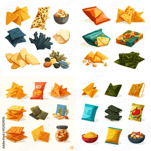 Illustrated snack collection with chips, crackers, seaweed, and nuts in colorful packaging. Perfect for branding, marketing, and food-related visual content.

