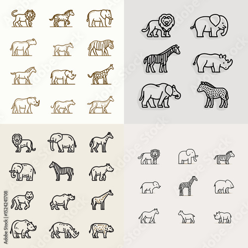Outline animal icons featuring lions, elephants, zebras, and more. Perfect for safari themes, nature infographics, or educational content.

