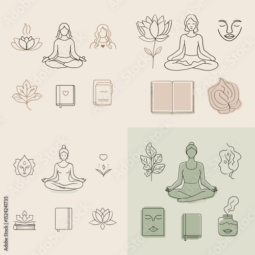 Minimalist icons of yoga, lotus, and meditation symbols in earthy tones. Great for wellness branding, mindful content, or self-care design elements.

