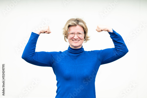 Casual portrait of a 39 yo white woman with a blue shirt, Koekelberg, Belgium