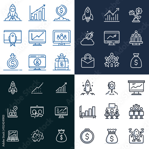 Modern line icons for business, startup growth, finance, and data analytics. Ideal for pitch decks, mobile apps, or corporate visuals.

