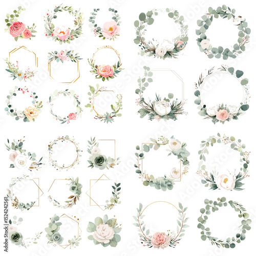 Elegant watercolor floral wreaths and botanical frames with soft roses, leaves, and gold accents — perfect for invitations, weddings, and stationery design.

