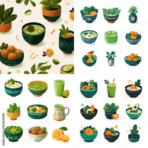 Bright and vibrant illustrations of green superfood bowls, smoothies, and healthy ingredients — great for nutrition visuals, wellness menus, or vegan lifestyle themes.

