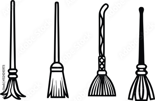 Four different broom silhouettes in a row black and white illustration