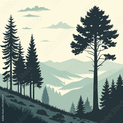 Vector landscape of a forest with layered mountains, pine trees & svg 