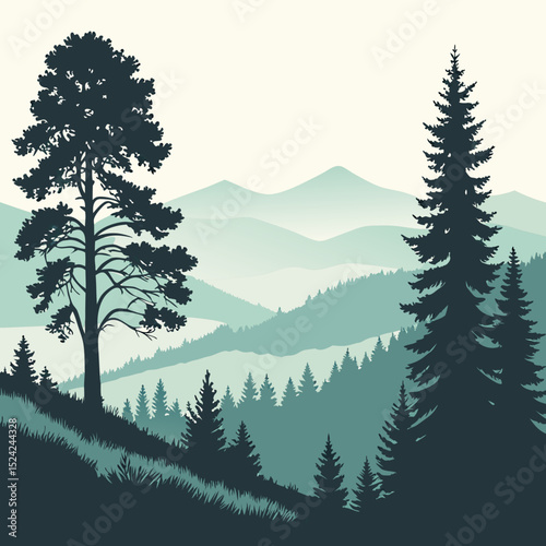 Vector landscape of a forest with layered mountains, pine trees & svg 