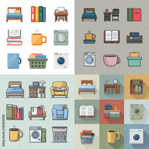 Flat icon set of home items including bed, washing machine, books, laundry, and cup, ideal for household, organization, and lifestyle app designs.

