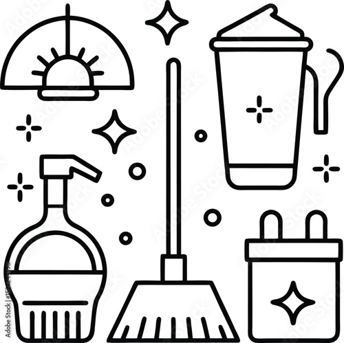 Cleaning Supplies Line Art Illustration for Home or Commercial Use
