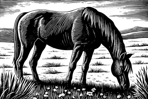 black and white sketch vector of wild horse grazing close up in an open highland meadow