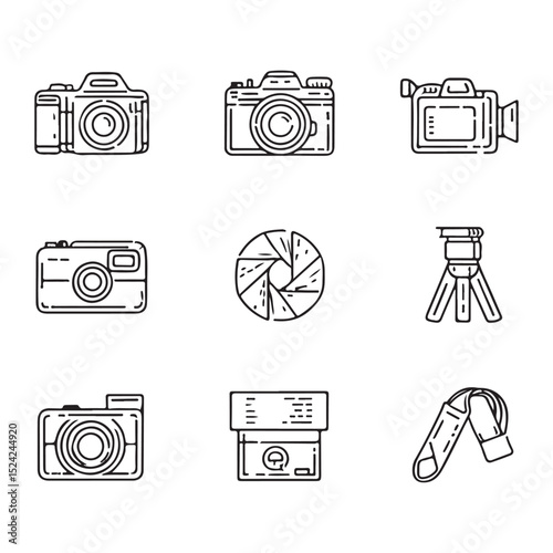 Set of minimalist photography icons representing cameras accessories and equipment in black and white