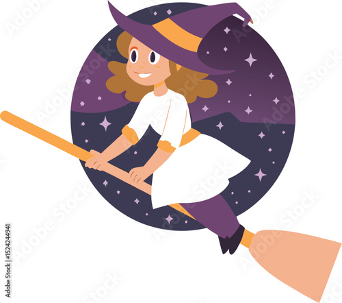 Cartoon Witch Girl Flying on Broomstick Against Starry Night Background