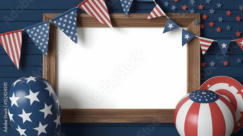 Patriotic themed frame with balloons and bunting on a blue wooden background with stars decorates the wall