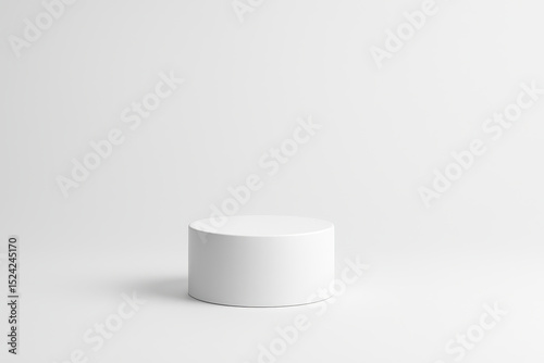 Minimalist white cylindrical podium is set against plain white background, creating clean and modern look. simplicity of design emphasizes elegance and sophistication