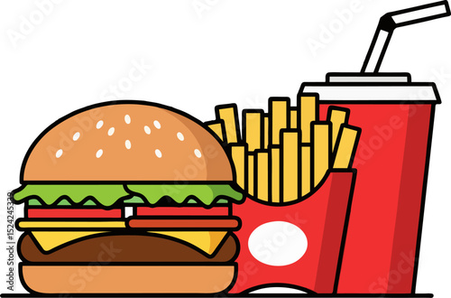 Vector Illustration of Fast Food Combo Meal with Cheeseburger, French Fries, and Soda in Red Packaging