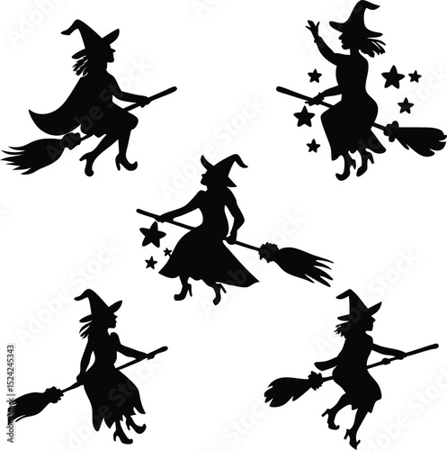 Silhouetted witches flying on broomsticks for Halloween holiday designs and compositions