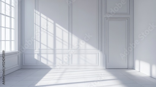 A white room with white paneled walls and a window, light shadows, and sun rays