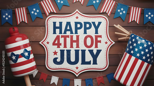 Happy fourth of july themed decorations on a wooden background with festive elements displayed nicely