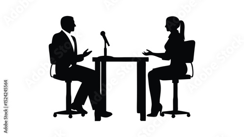 Silhouette vector illustration of business people working together on laptops at a cafe table interview scenario employer and candidate vector icon on white background