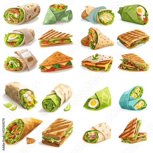 Hand-drawn vector collection of various wraps, burritos, paninis, and sandwiches with fresh vegetables, eggs, and grilled fillings, perfect for fast meals or snacks.

