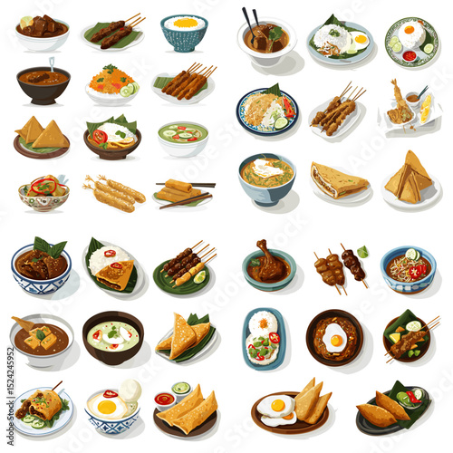 Illustrated set of traditional Asian food dishes like satay, rice, soup, noodles, tempeh, and eggs. Hand-drawn, full-color collection on a clean background.

