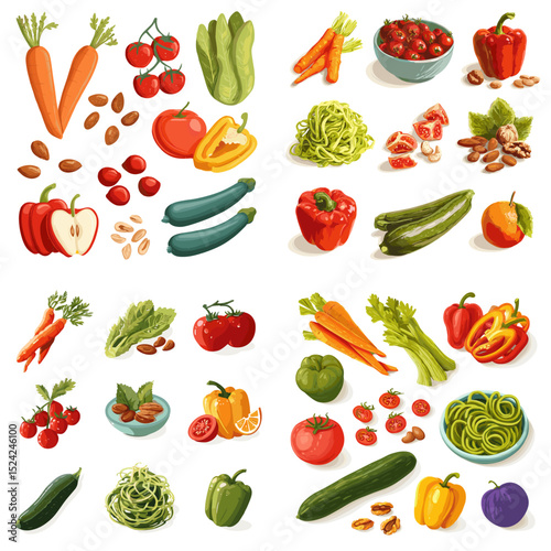 Hand-drawn colorful illustration of fresh vegetables including carrots, tomatoes, zucchini, bell peppers, and lettuce in a healthy food ingredient collection set.

