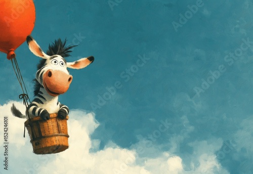 Watercolor illustration of a cute zebra on a hot air balloon.