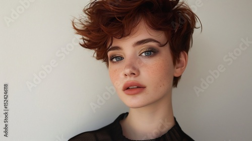 Deep auburn pixie cut voluminous the crown styled for a trendy and edgy beauty aesthetic