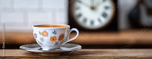 a retro espresso shot in a floral porcelain demitasse cup with a silver saucer, placed on a reclaimed barnwood shelf with vintage clock ticking in background