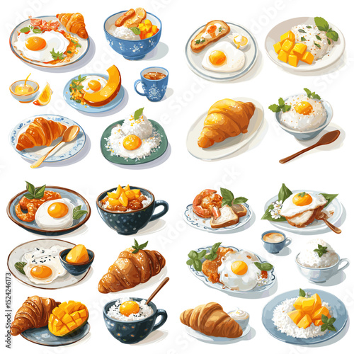 Hand-drawn full-color illustration of various breakfast dishes including croissants, fried eggs, rice, fruits, and coffee, arranged in a clean food set collection.


