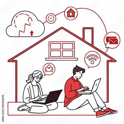 Line art vector design of remote work, with people working from home on laptops surrounded by icons 
