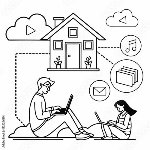Line art vector design of remote work, with people working from home on laptops surrounded by icons 
