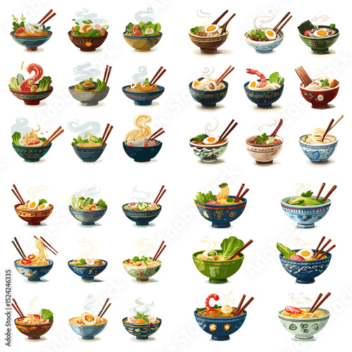 Detailed illustrations of ramen and noodle bowls with various toppings like eggs, shrimp, vegetables, and broth. Ideal for Asian food content and restaurant design.

