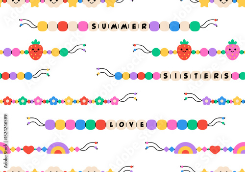 Seamless pattern with Kids jewelry. Plastic beads decorating handmade fashioned elements 90s style jewelry. friendship bracelets and letter beads