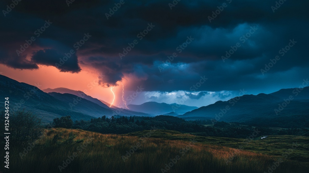 Obraz premium A stunning landscape showcasing a dramatic storm scene. Dark clouds gather ominously as lightning strikes across the horizon. The beauty of nature unfolds in this breathtaking image. Generative AI