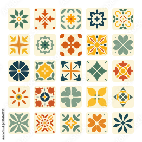 Collection of colorful Mediterranean tiles in flat style. Floral and geometric elements in warm summer colors. Ideal for kitchen decor, packaging, textiles, or seamless digital backgrounds.