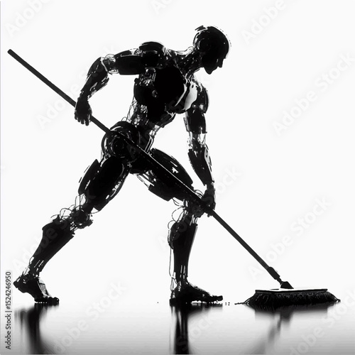 A black and white silhouette of a robot that cleans the floor with a mop on a white isolated background. EPS.
