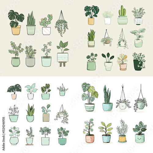 Charming doodle set of indoor potted plants in various planters and hanging pots. Great for botanical decor, gardening blogs, or eco-lifestyle illustrations.

